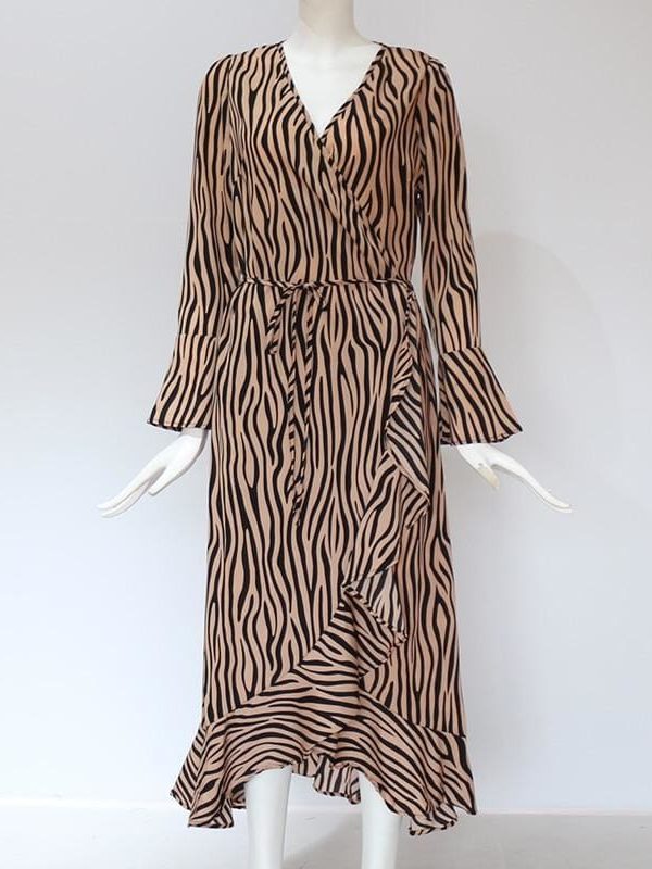 The Best Women Zebra Print Beach Bohemian Long Sleeve V Neck Ruffle Dress Online - Takalr