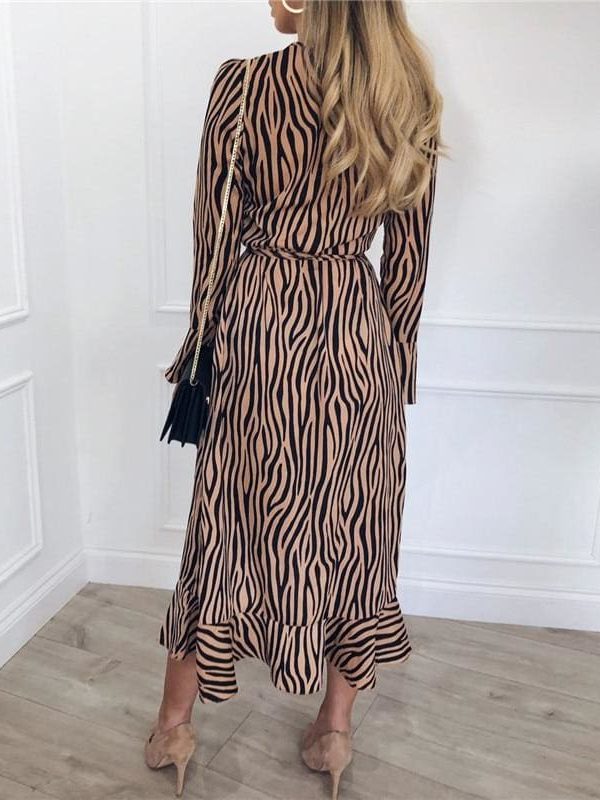 The Best Women Zebra Print Beach Bohemian Long Sleeve V Neck Ruffle Dress Online - Takalr