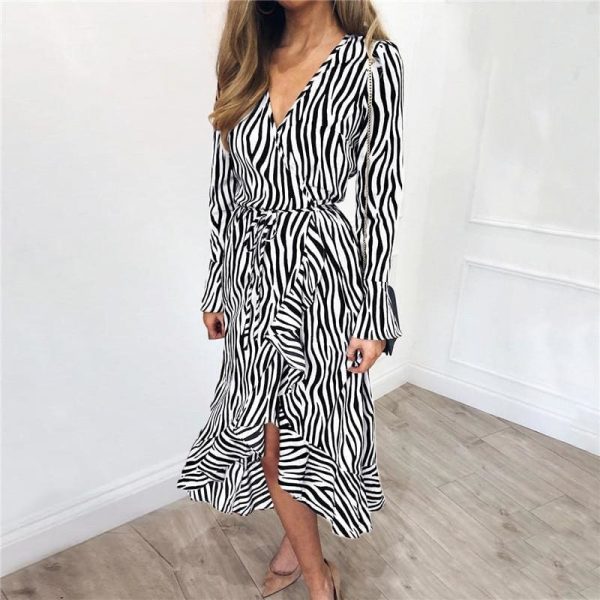 The Best Women Zebra Print Beach Bohemian Long Sleeve V Neck Ruffle Dress Online - Takalr