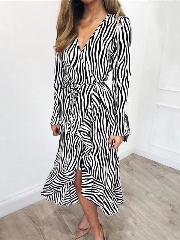 The Best Women Zebra Print Beach Bohemian Long Sleeve V Neck Ruffle Dress Online - Takalr