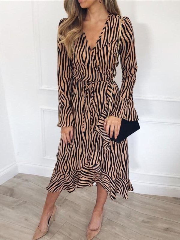 The Best Women Zebra Print Beach Bohemian Long Sleeve V Neck Ruffle Dress Online - Takalr