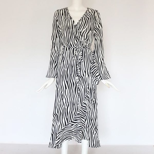 The Best Women Zebra Print Beach Bohemian Long Sleeve V Neck Ruffle Dress Online - Takalr