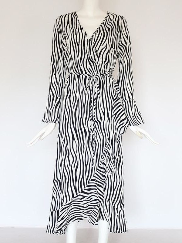 The Best Women Zebra Print Beach Bohemian Long Sleeve V Neck Ruffle Dress Online - Takalr