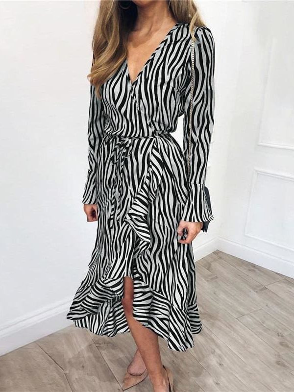 The Best Women Zebra Print Beach Bohemian Long Sleeve V Neck Ruffle Dress Online - Takalr