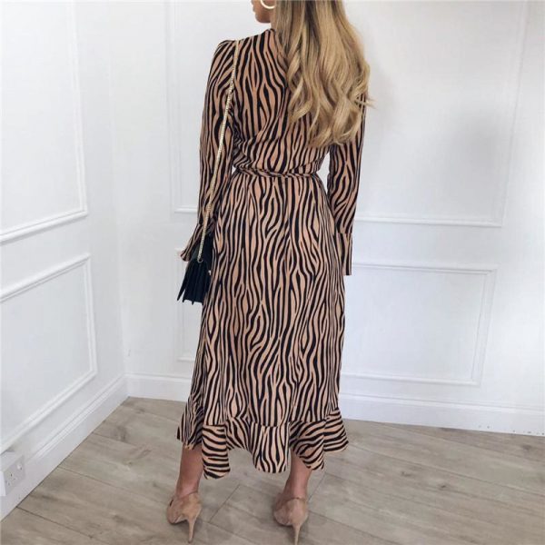 The Best Women Zebra Print Beach Bohemian Long Sleeve V Neck Ruffle Dress Online - Takalr