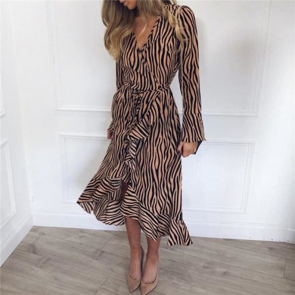 The Best Women Zebra Print Beach Bohemian Long Sleeve V Neck Ruffle Dress Online - Takalr