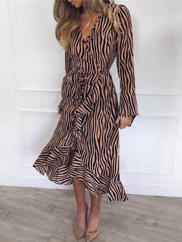 The Best Women Zebra Print Beach Bohemian Long Sleeve V Neck Ruffle Dress Online - Takalr