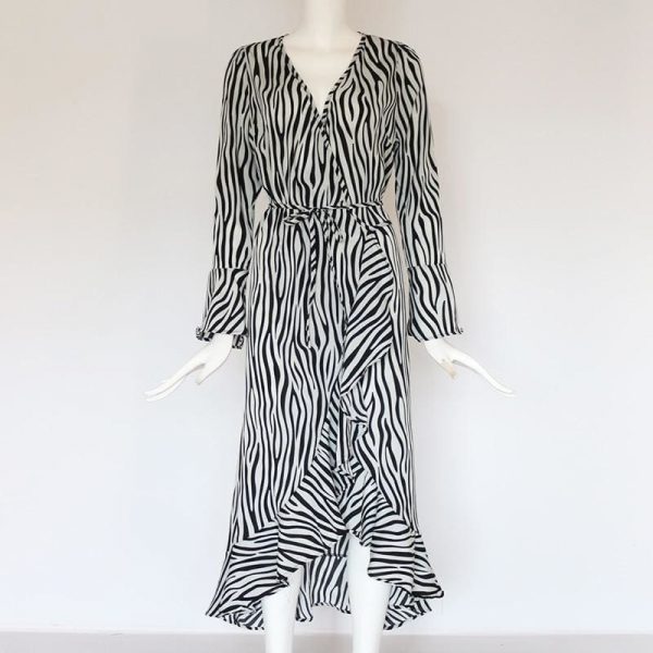 The Best Women Zebra Print Beach Bohemian Long Sleeve V Neck Ruffle Dress Online - Takalr