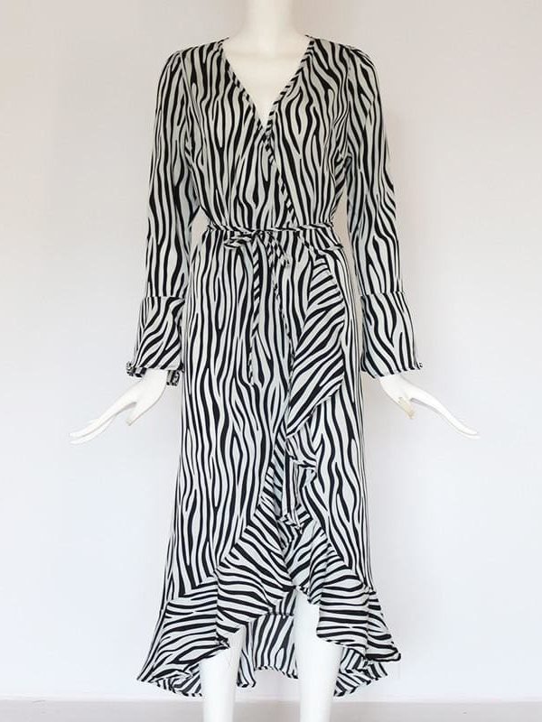 The Best Women Zebra Print Beach Bohemian Long Sleeve V Neck Ruffle Dress Online - Takalr