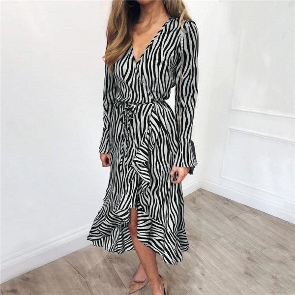 The Best Women Zebra Print Beach Bohemian Long Sleeve V Neck Ruffle Dress Online - Takalr