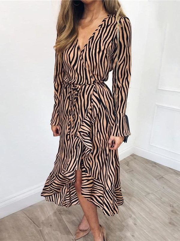 The Best Women Zebra Print Beach Bohemian Long Sleeve V Neck Ruffle Dress Online - Takalr
