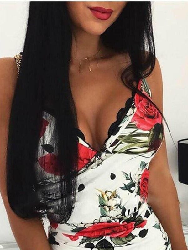 The Best Women's Asymmetric Bodycon Dress Floral Ladies Casual Sleeveless V Neck Holiday Summer Party Slim Mini Dress Online - Takalr