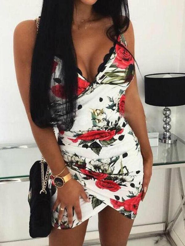 The Best Women's Asymmetric Bodycon Dress Floral Ladies Casual Sleeveless V Neck Holiday Summer Party Slim Mini Dress Online - Takalr
