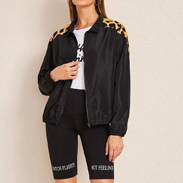 The Best Women's Autumn Leopard Stitching Top Casual Loose Zip Up Bomber Jacket Biker Coat Sport Tops Windbreaker Zipper Hooded Coat Online - Takalr