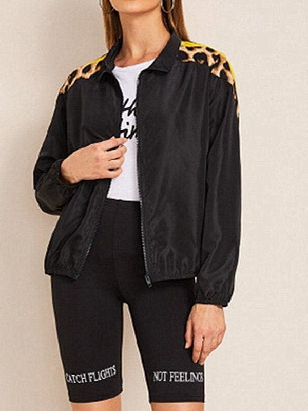 The Best Women's Autumn Leopard Stitching Top Casual Loose Zip Up Bomber Jacket Biker Coat Sport Tops Windbreaker Zipper Hooded Coat Online - Takalr