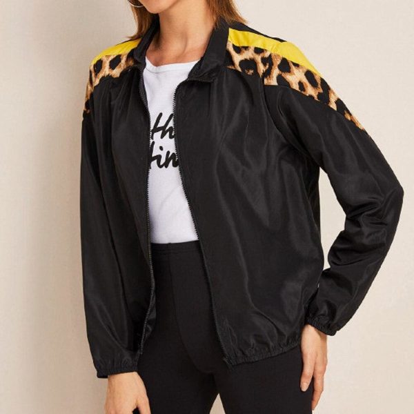 The Best Women's Autumn Leopard Stitching Top Casual Loose Zip Up Bomber Jacket Biker Coat Sport Tops Windbreaker Zipper Hooded Coat Online - Takalr