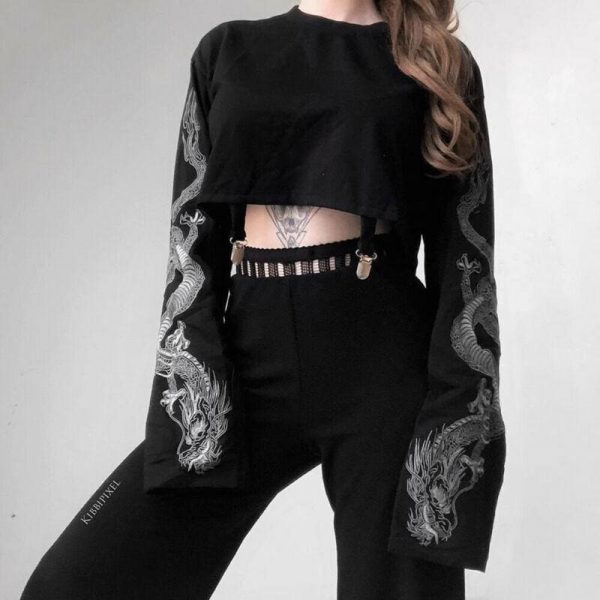 The Best Women's Autumn Long Sleeve Crop Tops Dragon Print Girl's Blouse O Neck Casual Loose Pullover Sweatshirt Top Online - Takalr