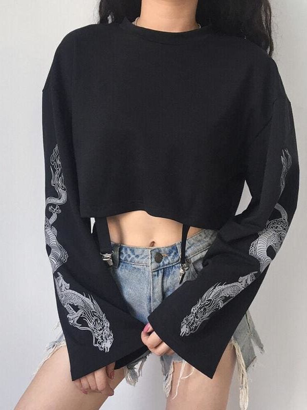 The Best Women's Autumn Long Sleeve Crop Tops Dragon Print Girl's Blouse O Neck Casual Loose Pullover Sweatshirt Top Online - Takalr