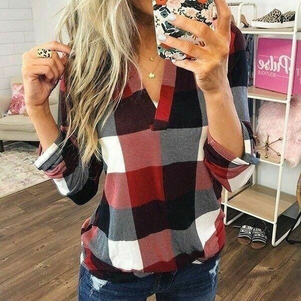 The Best Women's Autumn Long Sleeve Plaid Check Tee Shirt Blouse Ladies Workout Casual Loose Pullover Tops Women Costume Online - Takalr