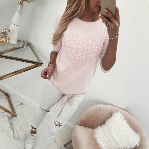 The Best Women's Autumn Long Sleeve Round Neck Pullover Blouse Shirt Ladies Casual Heart Print Tops Outwear Streetwear Online - Takalr