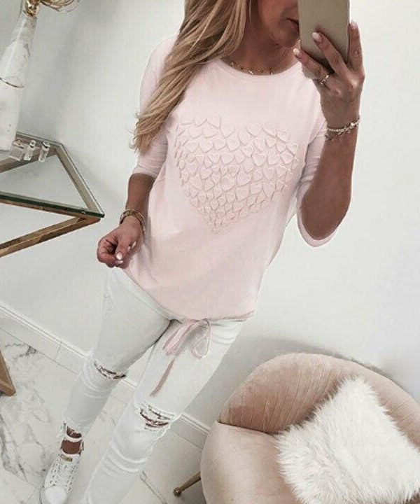 The Best Women's Autumn Long Sleeve Round Neck Pullover Blouse Shirt Ladies Casual Heart Print Tops Outwear Streetwear Online - Takalr