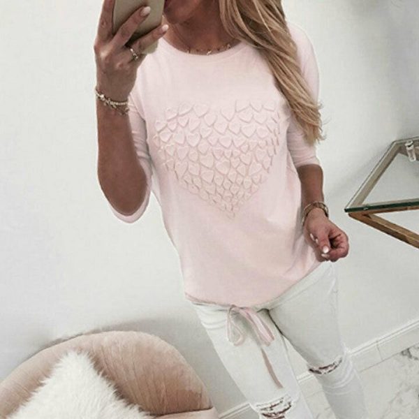 The Best Women's Autumn Long Sleeve Round Neck Pullover Blouse Shirt Ladies Casual Heart Print Tops Outwear Streetwear Online - Takalr