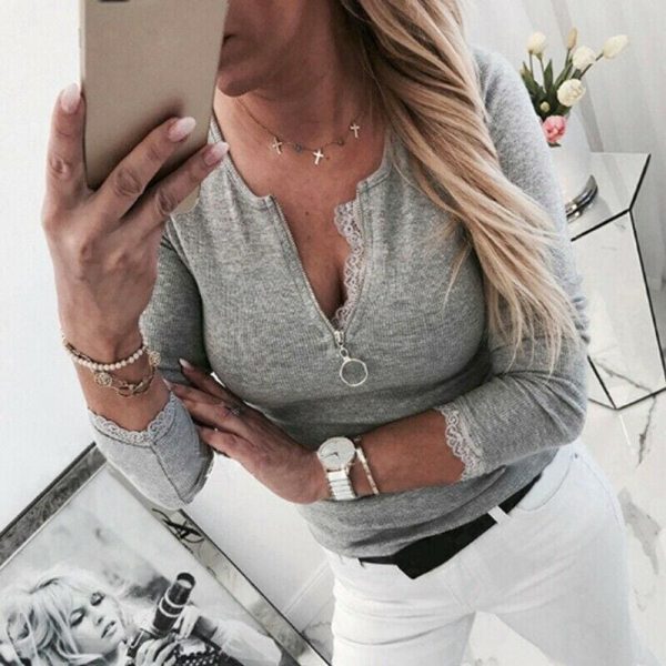 The Best Women's Autumn Pullover Blouse 2019 Fashion Ladies Long Sleeve Slim Tee Shirt Tops Zipper V Neck Shirt Streetwear Online - Takalr