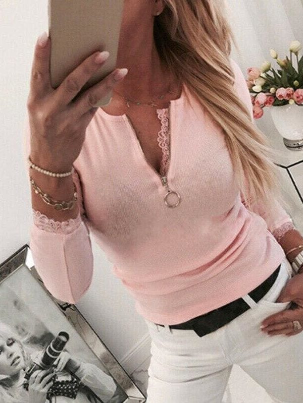 The Best Women's Autumn Pullover Blouse 2019 Fashion Ladies Long Sleeve Slim Tee Shirt Tops Zipper V Neck Shirt Streetwear Online - Takalr