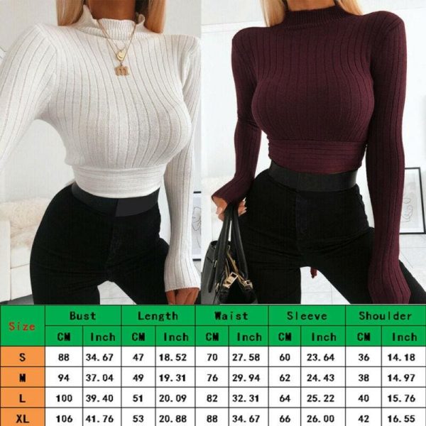 The Best Women's Autumn T shirt Top Casual High Neck Cropped Tops Ladies Long Sleeve Pullover Winter Warm Shirt Tee Online - Takalr