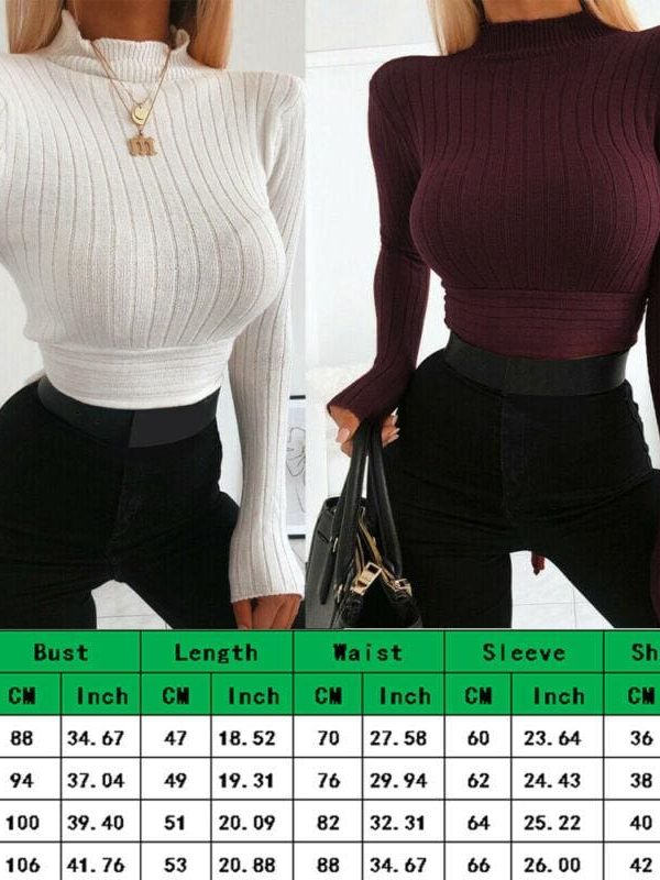 The Best Women's Autumn T shirt Top Casual High Neck Cropped Tops Ladies Long Sleeve Pullover Winter Warm Shirt Tee Online - Takalr