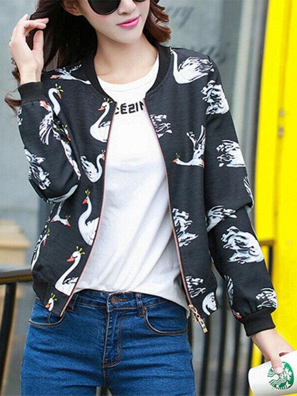 The Best Women's Autumn Winter Bomber Jacket Classic New Fashion Ladies Casual Zip Up Biker Floral Coats Black Women Clothes Online - Takalr