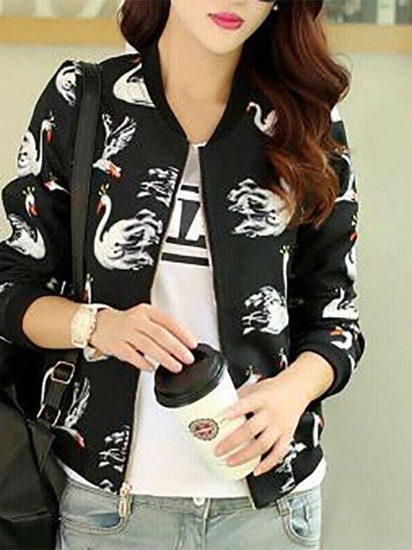 The Best Women's Autumn Winter Bomber Jacket Classic New Fashion Ladies Casual Zip Up Biker Floral Coats Black Women Clothes Online - Takalr