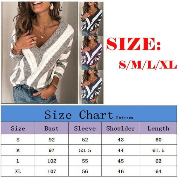 The Best Women's Autumn Winter Striped Long Sleeve V Neck Knit Sweater Ladies Casual Jumper Loose Pullover Tops Blouse Online - Takalr