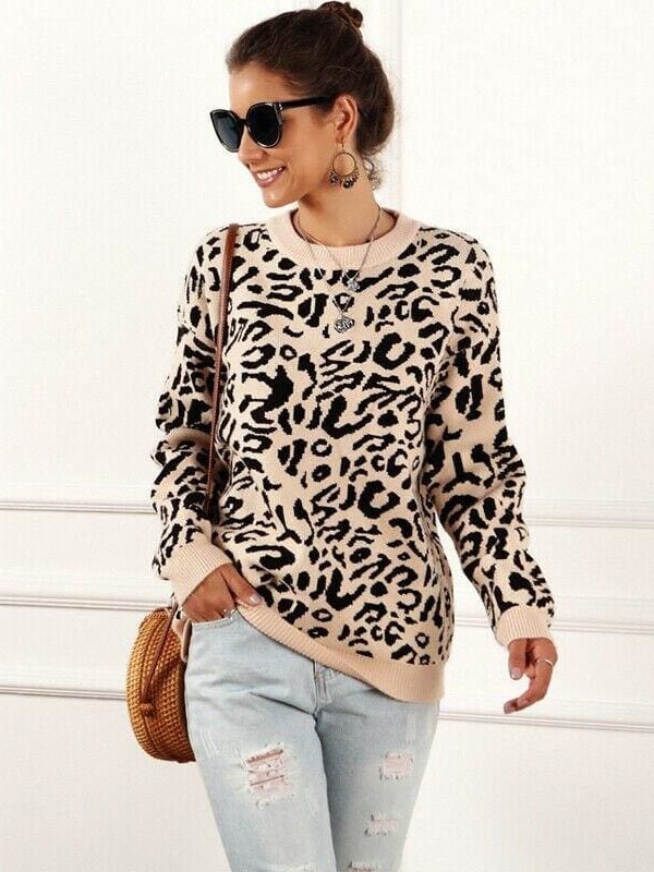 The Best Women's Autumn Winter Sweater Long Sleeve Leopard Print Ladies Girl Knitted Jumper Pullover Tops Sweaters Streetwear Online - Takalr