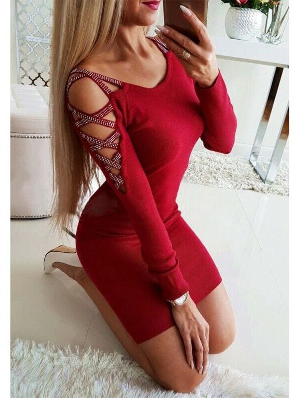 The Best Women's Bodycon Dress Ladies Autumn Casual Long Sleeve Cold-Shoulder Party Cocktail Sexy Bandage Slim Dress Online - Takalr