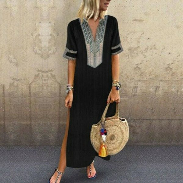 The Best Women's Bohemian Floral Print Split Cotton Linen Maxi Dress Deep V Neck Long Sleeve Summer Casual Party Dresses Plus Size Online - Takalr