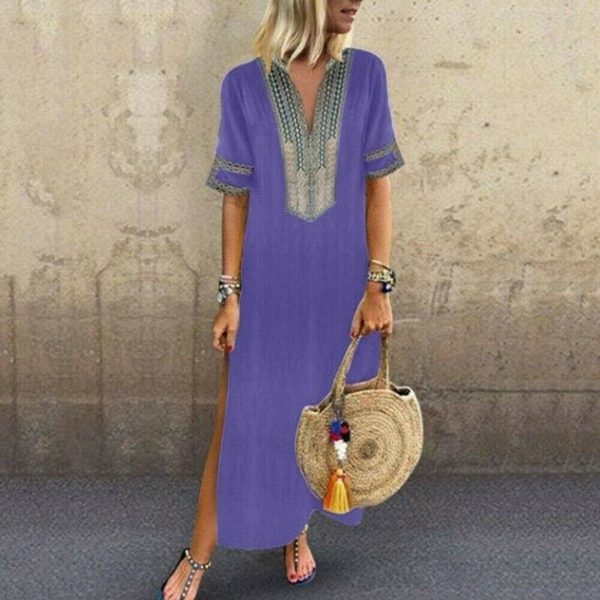 The Best Women's Bohemian Floral Print Split Cotton Linen Maxi Dress Deep V Neck Long Sleeve Summer Casual Party Dresses Plus Size Online - Takalr