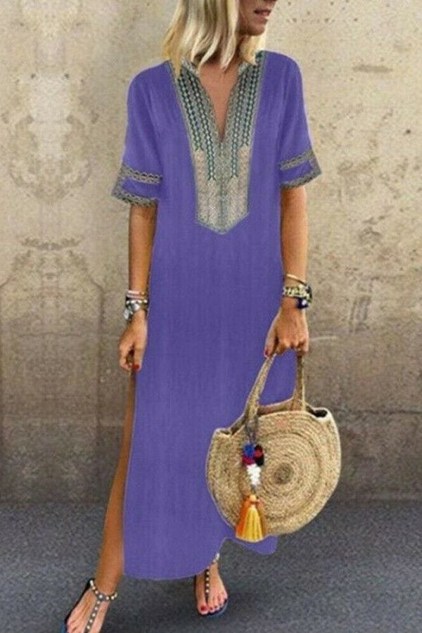 The Best Women's Bohemian Floral Print Split Cotton Linen Maxi Dress Deep V Neck Long Sleeve Summer Casual Party Dresses Plus Size Online - Takalr