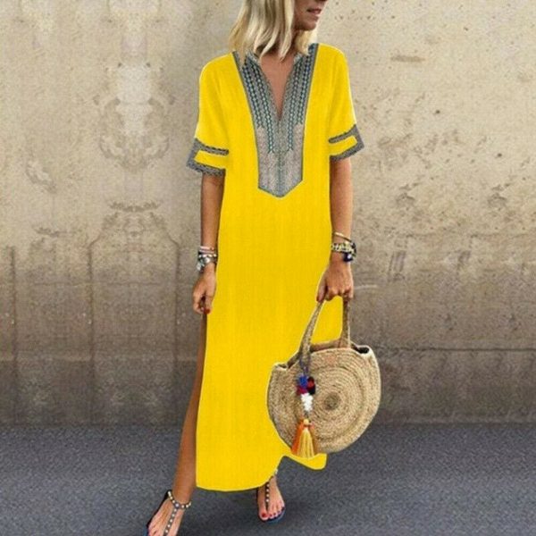 The Best Women's Bohemian Floral Print Split Cotton Linen Maxi Dress Deep V Neck Long Sleeve Summer Casual Party Dresses Plus Size Online - Takalr