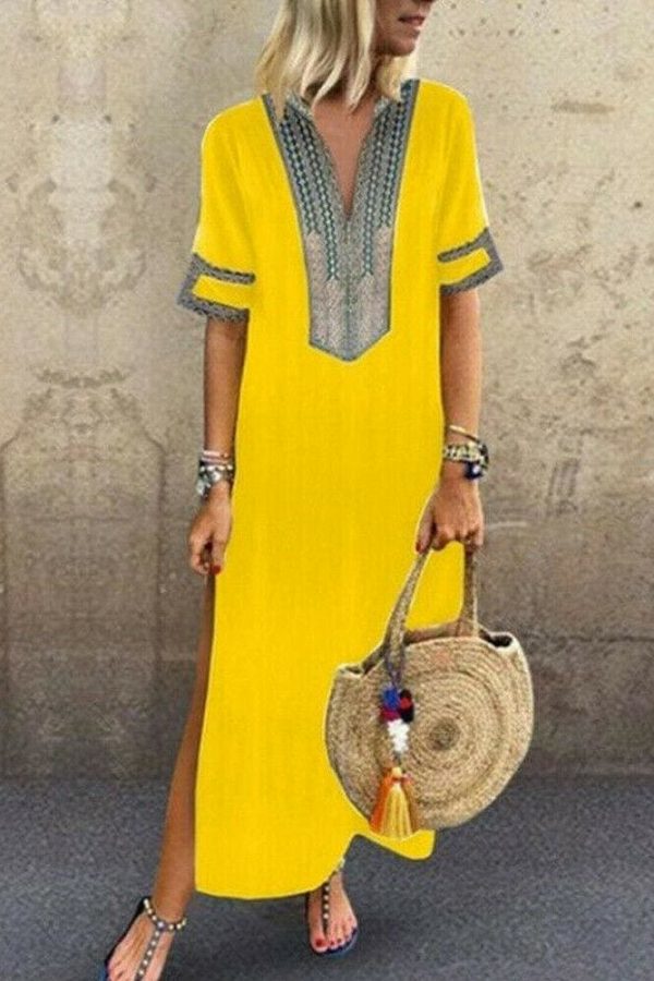 The Best Women's Bohemian Floral Print Split Cotton Linen Maxi Dress Deep V Neck Long Sleeve Summer Casual Party Dresses Plus Size Online - Takalr