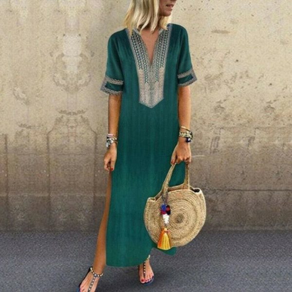 The Best Women's Bohemian Floral Print Split Cotton Linen Maxi Dress Deep V Neck Long Sleeve Summer Casual Party Dresses Plus Size Online - Takalr