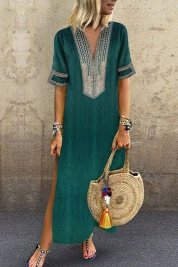 The Best Women's Bohemian Floral Print Split Cotton Linen Maxi Dress Deep V Neck Long Sleeve Summer Casual Party Dresses Plus Size Online - Takalr