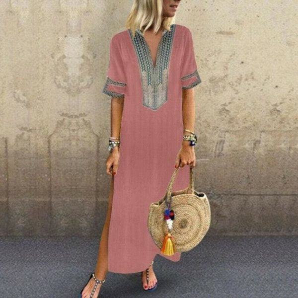 The Best Women's Bohemian Floral Print Split Cotton Linen Maxi Dress Deep V Neck Long Sleeve Summer Casual Party Dresses Plus Size Online - Takalr