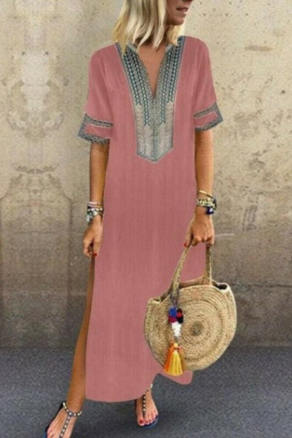 The Best Women's Bohemian Floral Print Split Cotton Linen Maxi Dress Deep V Neck Long Sleeve Summer Casual Party Dresses Plus Size Online - Takalr