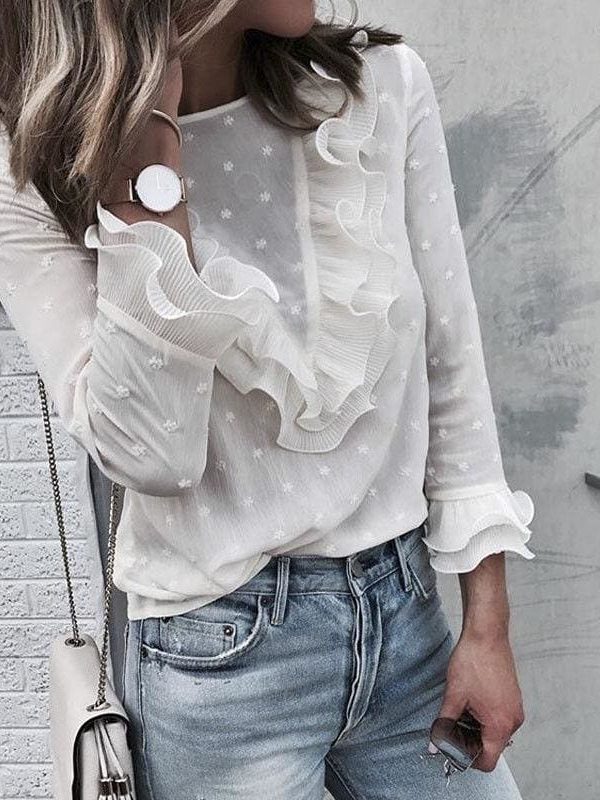 The Best Women's Boho Beach Ruffle Frill Polka Dot Tops and Blouses elegant Long Sleeve Female Holiday Party Blouse Shirt Online - Takalr