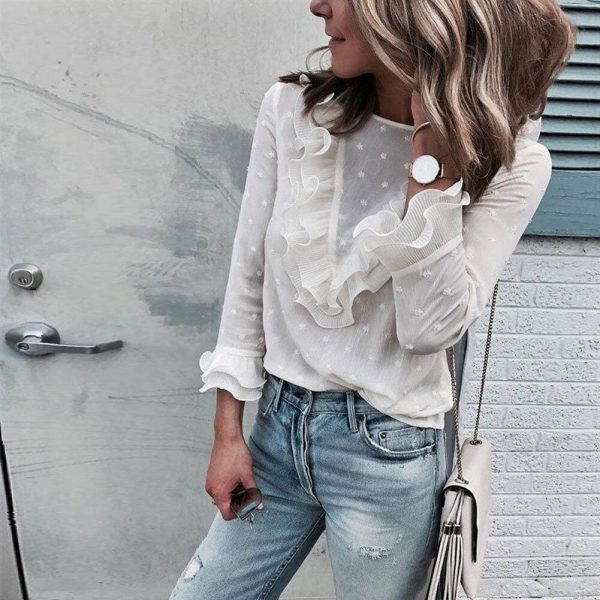 The Best Women's Boho Beach Ruffle Frill Polka Dot Tops and Blouses elegant Long Sleeve Female Holiday Party Blouse Shirt Online - Takalr