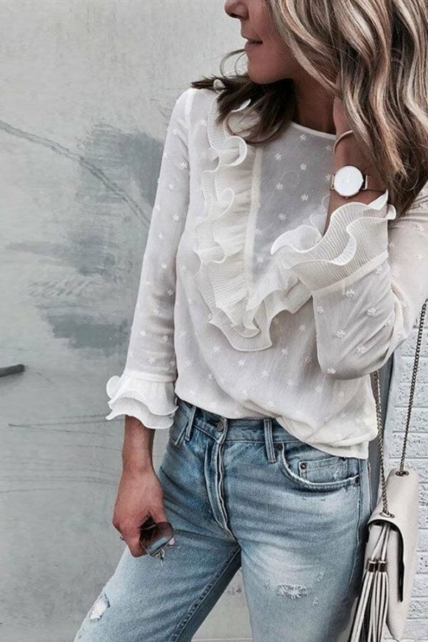 The Best Women's Boho Beach Ruffle Frill Polka Dot Tops and Blouses elegant Long Sleeve Female Holiday Party Blouse Shirt Online - Takalr