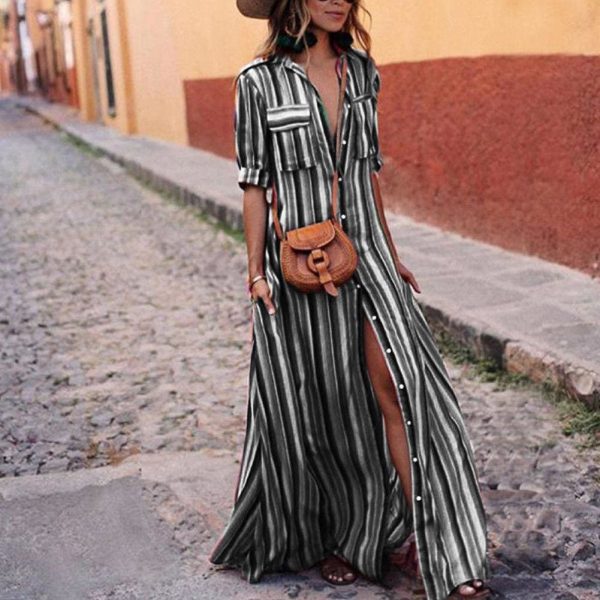 The Best Women's Boho Beach Summer Holiday Maxi Dress Elegant Ladies Holiday Party Colours Rainbow Striped Sundress Streetwear Plus Size Online - Takalr