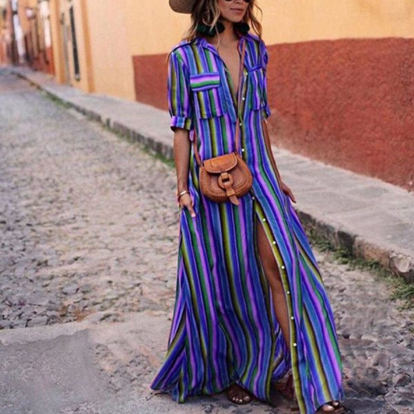 The Best Women's Boho Beach Summer Holiday Maxi Dress Elegant Ladies Holiday Party Colours Rainbow Striped Sundress Streetwear Plus Size Online - Takalr