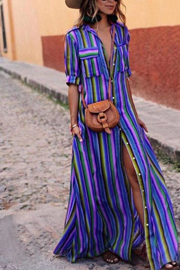 The Best Women's Boho Beach Summer Holiday Maxi Dress Elegant Ladies Holiday Party Colours Rainbow Striped Sundress Streetwear Plus Size Online - Takalr